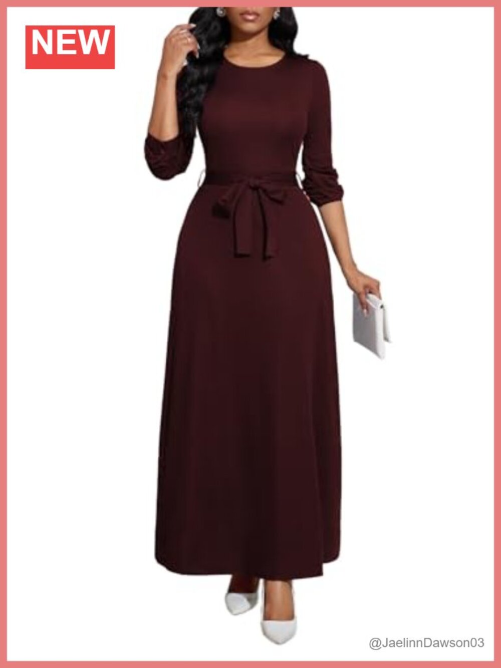 Long Sleeve Maxi Dress with Belt Empire Waist Loose Fit Casual